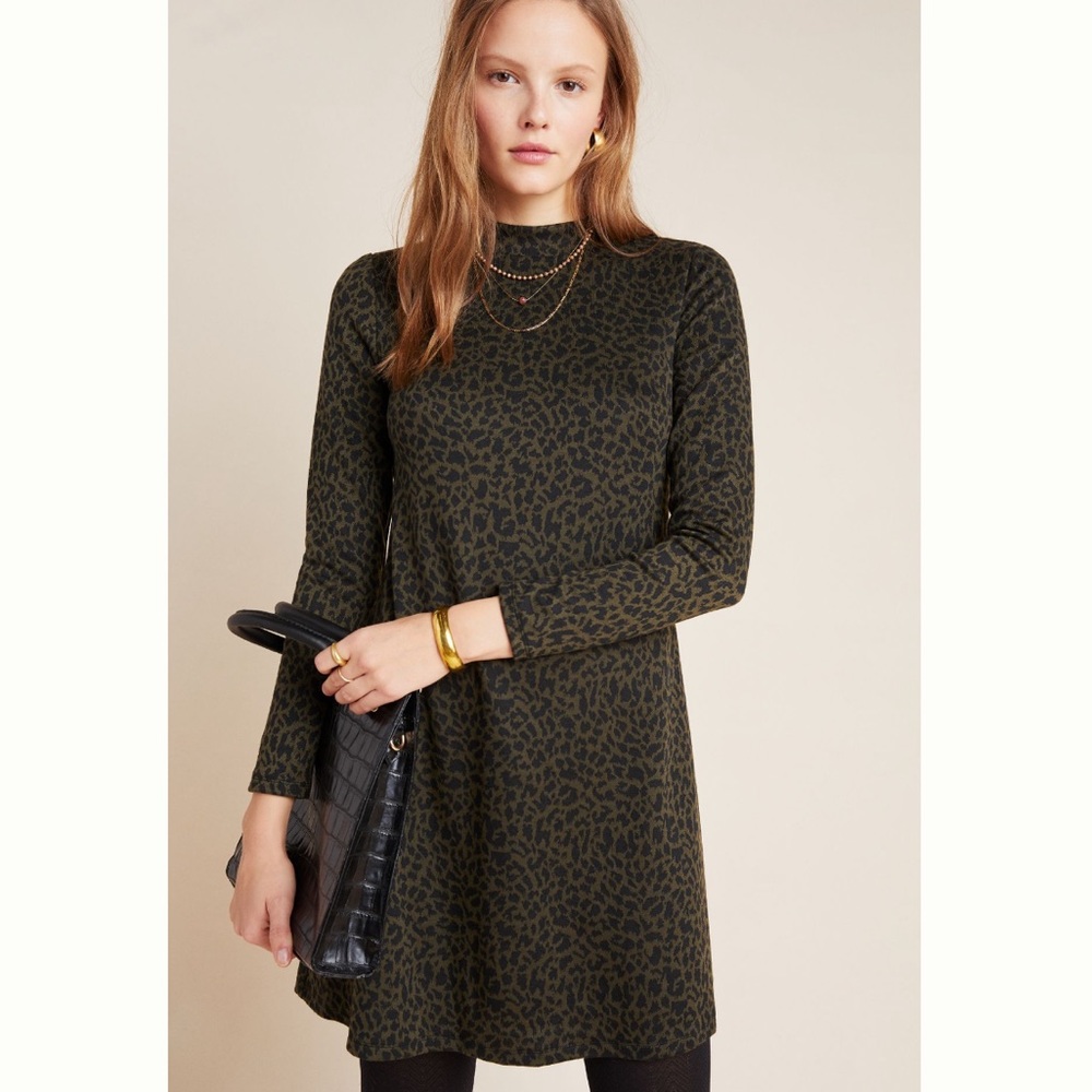 Anthropologie Hutch Dress Size L Leopard Print Long Sleeve Keyhole Back